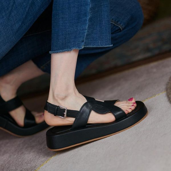 sandals genuine leather platform 2021 summer female opening, Black