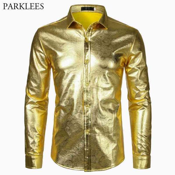mens shiny gold coated metallic paisley shirt long sleeve slim fit nightclub wear dress shirt men dj prom stage singer costumes 210522, White;black
mens shiny gold coated metallic paisley shirt long sleeve slim fit nightclub wear dress shirt men dj prom stage singer costumes 210522, White;black