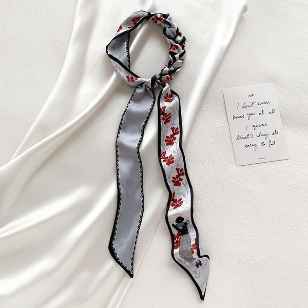 scarves elegant floral scarf silk skinny long neck hairband ribbon handle bag hat accessories foulard soft neckerchief, Blue;gray 
scarves elegant floral scarf silk skinny long neck hairband ribbon handle bag hat accessories foulard soft neckerchief, Blue;gray