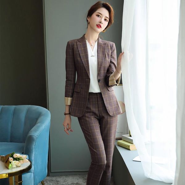 fashion brown apricot gray plaid business pant suit women single button jacket and office ladies blazer for work wear women's two piece, White
fashion brown apricot gray plaid business pant suit women single button jacket and office ladies blazer for work wear women's two piece, White