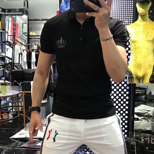 men's polos summer rhinestone lapel wear casual 100% cotton black plus size design high-end brand short sleeves, White;black
men's polos summer rhinestone lapel wear casual 100% cotton black plus size design high-end brand short sleeves, White;black
