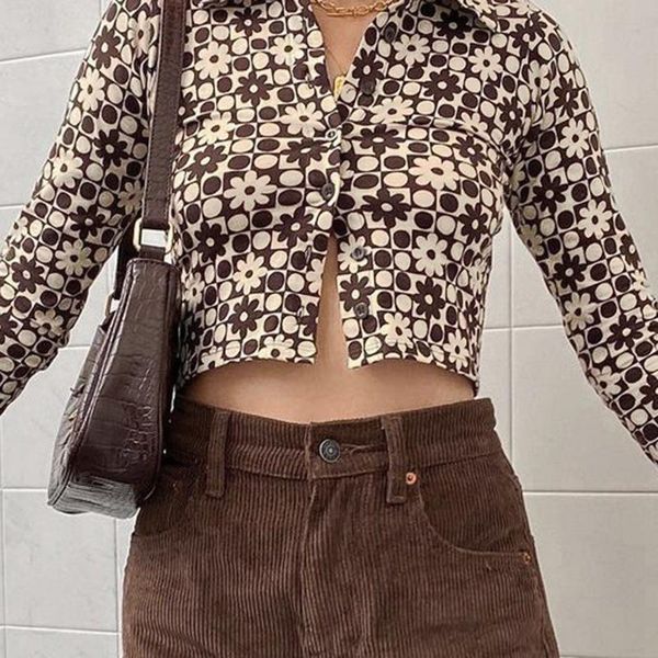 women's t-shirt women fashion t shirt vintage brown flower cardigan shirts turn down collar long sleeve tees, White
women's t-shirt women fashion t shirt vintage brown flower cardigan shirts turn down collar long sleeve tees, White