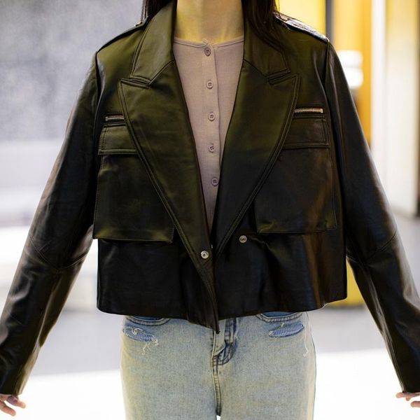 women's leather & faux shzq 100% real sheepskin genuine women coats natural sheep short jacket soft spring and autumn outwear, Black
women's leather & faux shzq 100% real sheepskin genuine women coats natural sheep short jacket soft spring and autumn outwear, Black