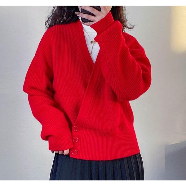 women's knits & tees 100% cashmere 2021 spring and autumn v-neck diagonal button long-sleeved loose sweater fashion warm knitted cardig, White
women's knits & tees 100% cashmere 2021 spring and autumn v-neck diagonal button long-sleeved loose sweater fashion warm knitted cardig, White