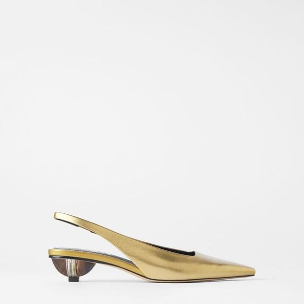 dress shoes gold geometric high heel cowhide leather baotou exposed chunky, Black
dress shoes gold geometric high heel cowhide leather baotou exposed chunky, Black