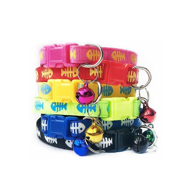 cat collars & leads adjustable collar cute bone of fish print breakaway nylon pet puppy dog with bells 19-32cm 1.0cm drop