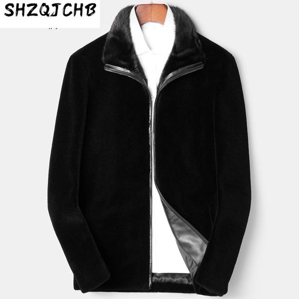 men's leather & faux shzq coat short sheep shearing fur integrated mink collar, Black
men's leather & faux shzq coat short sheep shearing fur integrated mink collar, Black