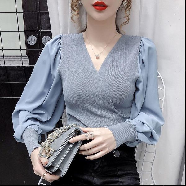 long puff sleeve elegant slim women blouses v neck patchwork fit blouse autumn spring shirt d35, White
long puff sleeve elegant slim women blouses v neck patchwork fit blouse autumn spring shirt d35, White