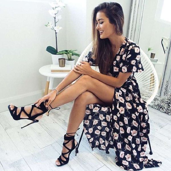 print wind casual dresses v-neck lace up split beach dress, Black;gray