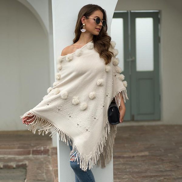 women's sweaters 2021 autumn and winter pure color temperament shawl fringed cloak hair ball beaded round neck pullover sweater women, White;black
women's sweaters 2021 autumn and winter pure color temperament shawl fringed cloak hair ball beaded round neck pullover sweater women, White;black