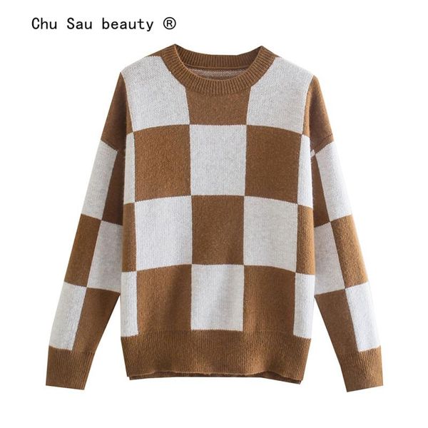 women's sweaters vintage square plaid sweater women 2021 autumn winter fashion round neck loose pullover, White;black 
women's sweaters vintage square plaid sweater women 2021 autumn winter fashion round neck loose pullover, White;black
