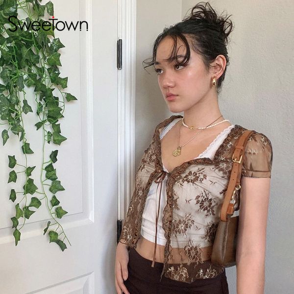 sweetown brown vintage y2k lace crop short sleeve see through mesh woman tshirts v neck lace up floral kawaii clothes, Black;white
sweetown brown vintage y2k lace crop short sleeve see through mesh woman tshirts v neck lace up floral kawaii clothes, Black;white