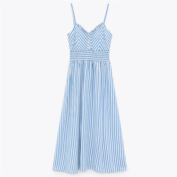 blue striped long summer dress women ruffle sleeveless straps sundress female smocked elastic waist elegant dresses 210524, Black;gray
blue striped long summer dress women ruffle sleeveless straps sundress female smocked elastic waist elegant dresses 210524, Black;gray