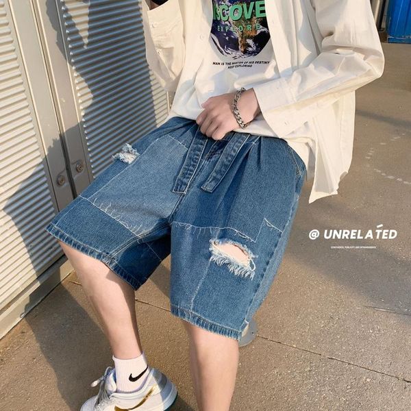men's shorts ripped denim korean fashion loose casual streetwear hip-hop pants for men, White;black
men's shorts ripped denim korean fashion loose casual streetwear hip-hop pants for men, White;black