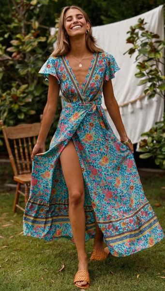 party dresses vintage floral print fashion v neck boho bat sleeve beach long dress women 2021, White;black
party dresses vintage floral print fashion v neck boho bat sleeve beach long dress women 2021, White;black