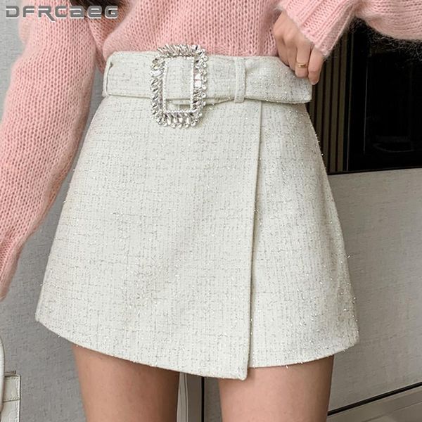 women's shorts high waist irregular women woolen skirts with belt 2021 autumn winter loose work office mini trousers ladies, White;black
women's shorts high waist irregular women woolen skirts with belt 2021 autumn winter loose work office mini trousers ladies, White;black