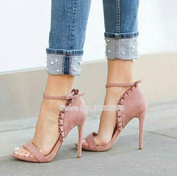 women graceful nude pink suede ruffle embellished sandals stiletto heels flounce decoration shoes falbala wedding, Black
women graceful nude pink suede ruffle embellished sandals stiletto heels flounce decoration shoes falbala wedding, Black