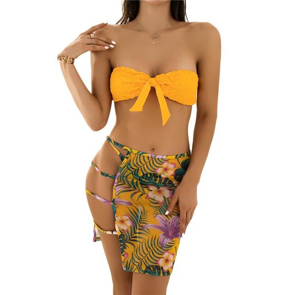 women's swimwear three piece bikini suits split swimsuit solid color bandage tube and printed gauze skirt with thong biquini, White;black
women's swimwear three piece bikini suits split swimsuit solid color bandage tube and printed gauze skirt with thong biquini, White;black