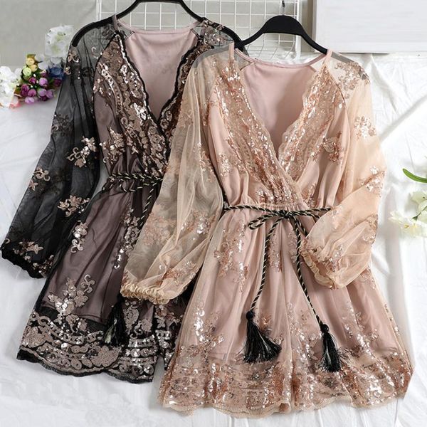 women's jumpsuits & rompers v-neck sequined playsuits gold glitter tie belt short pants women embroidery long sleeve mesh bodysuit, Black;white
women's jumpsuits & rompers v-neck sequined playsuits gold glitter tie belt short pants women embroidery long sleeve mesh bodysuit, Black;white