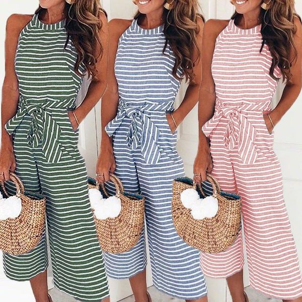 women's jumpsuits & rompers fashion tie striped jumpsuit in summer, Black;white