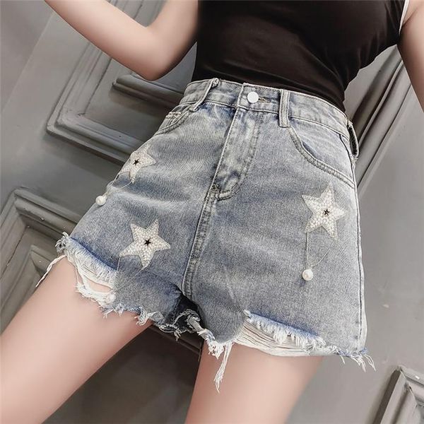 women's shorts 2021 pearl five-pointed star decoration do old denim wear, White;black
women's shorts 2021 pearl five-pointed star decoration do old denim wear, White;black
