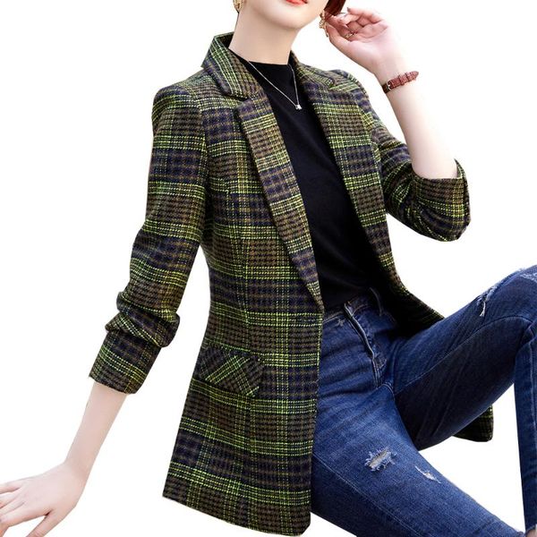 women's suits & blazers fashion winter blazer women ladies blue green plaid coat female casual single button jacket, White;black