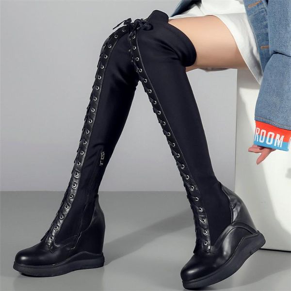 women lace up straps genuine leather wedges high heel over the knee boots female stretch fabric slim leg fashion sneakers, Black 
women lace up straps genuine leather wedges high heel over the knee boots female stretch fabric slim leg fashion sneakers, Black