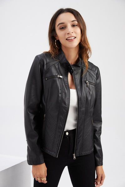 women's leather & faux ladies slim jacket stand-up collar long sleeve jackets overcoat zipper cardigan short coat 2021, Black
women's leather & faux ladies slim jacket stand-up collar long sleeve jackets overcoat zipper cardigan short coat 2021, Black