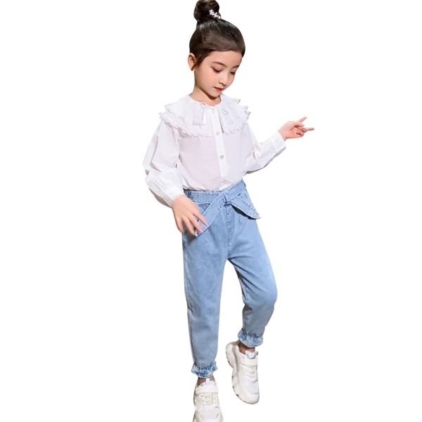 girls clothes set white blouse + jeans clothte spring autumn big casual children's 210528
girls clothes set white blouse + jeans clothte spring autumn big casual children's 210528