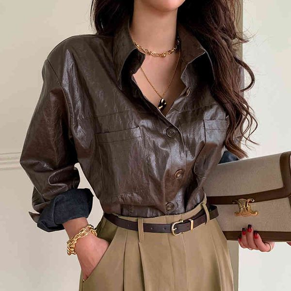 women's blouses & shirts korean fashion leather women office ladies brown pu casual single breasted long sleeve b0pl, White
women's blouses & shirts korean fashion leather women office ladies brown pu casual single breasted long sleeve b0pl, White