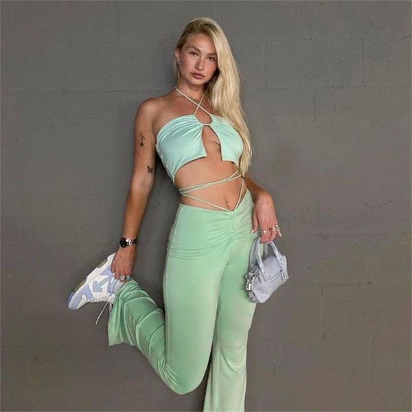 women's two piece pants flares suit fall solid color lace-up halter neck backless cropped waist crease juicy coconut fashion set, White
women's two piece pants flares suit fall solid color lace-up halter neck backless cropped waist crease juicy coconut fashion set, White