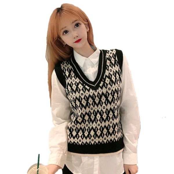 women's vests fall / winter 2021 college style lattice sweater waistcoat korean loose v-neck wool knitted vest, Black;white
women's vests fall / winter 2021 college style lattice sweater waistcoat korean loose v-neck wool knitted vest, Black;white
