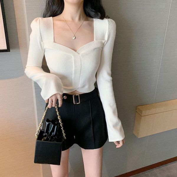 women's sweaters autumn and winter 2021 style retro square collar bottom sweater for women, korean version of short outer top, White;black
women's sweaters autumn and winter 2021 style retro square collar bottom sweater for women, korean version of short outer top, White;black
