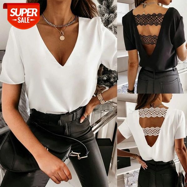 backless lace trim t-shirt casual wild solid color shirt short sleeve deep v-neck thin soft for women daily wear #e56x, White
backless lace trim t-shirt casual wild solid color shirt short sleeve deep v-neck thin soft for women daily wear #e56x, White