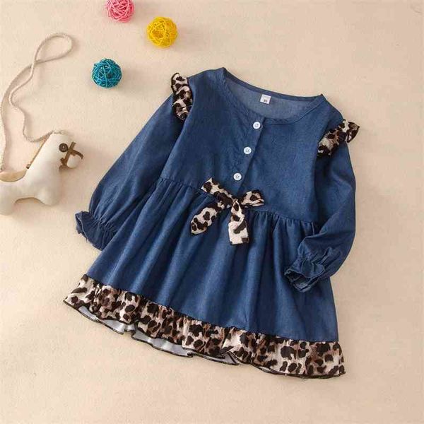 girls' denim dress fashion leopard pattern stitching lace children's princess bow long sleeve skirt, White
girls' denim dress fashion leopard pattern stitching lace children's princess bow long sleeve skirt, White
