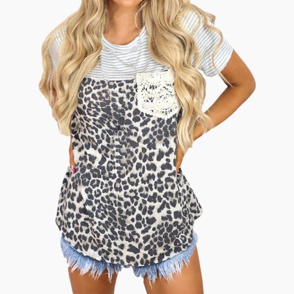 women's t-shirt ladies summer round neck short-sleeved striped leopard stitching printing casual top, White
women's t-shirt ladies summer round neck short-sleeved striped leopard stitching printing casual top, White