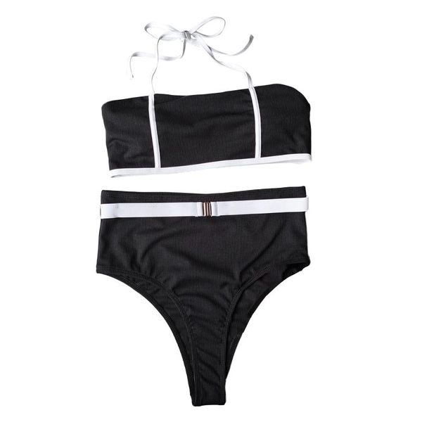 women's swimwear women two-piece halter bikini with color block, adjustable straps high waist design beach clothing, White;black
women's swimwear women two-piece halter bikini with color block, adjustable straps high waist design beach clothing, White;black