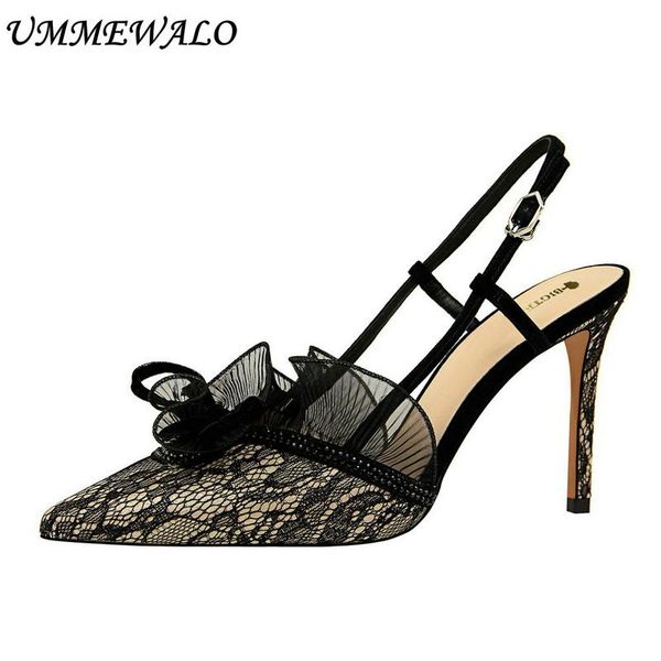 high heel shoes women lace design pointed toe sandals woman ladies, Black 
high heel shoes women lace design pointed toe sandals woman ladies, Black