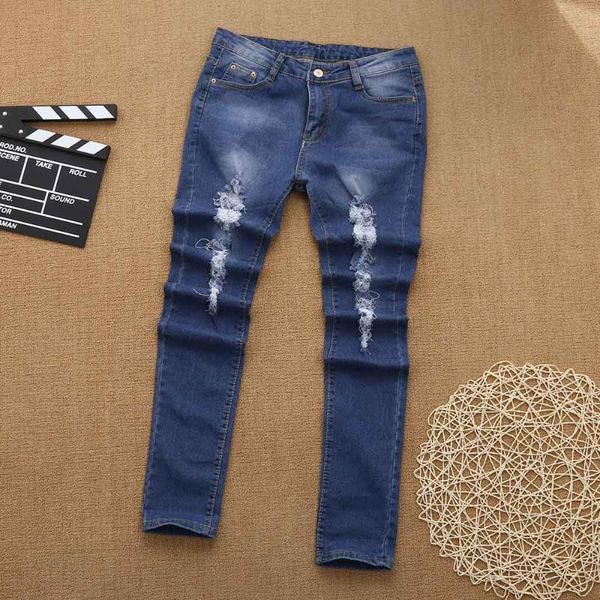 women skinny ripped holes jeans pants high waist stretch slim pencil trousers women's, Blue
women skinny ripped holes jeans pants high waist stretch slim pencil trousers women's, Blue