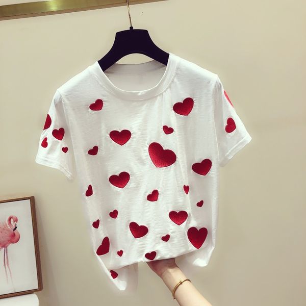 t shirt spring summer heart embroidered round neck short sleeve t-shirt women's leisure tshirt cotton shirt bluasa femme top, White
t shirt spring summer heart embroidered round neck short sleeve t-shirt women's leisure tshirt cotton shirt bluasa femme top, White