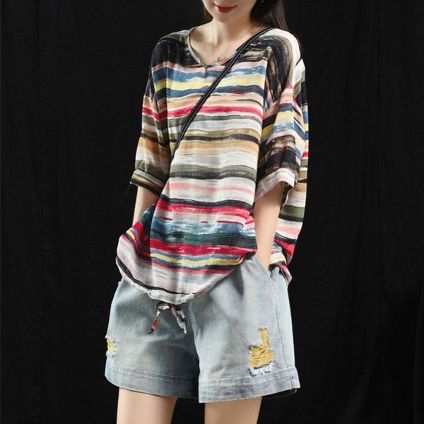 women's t-shirt qpfjqd loose women 2021 summer casual cotton linen t shirt rainbow color ink stripped girls pullovers plus size, White
women's t-shirt qpfjqd loose women 2021 summer casual cotton linen t shirt rainbow color ink stripped girls pullovers plus size, White