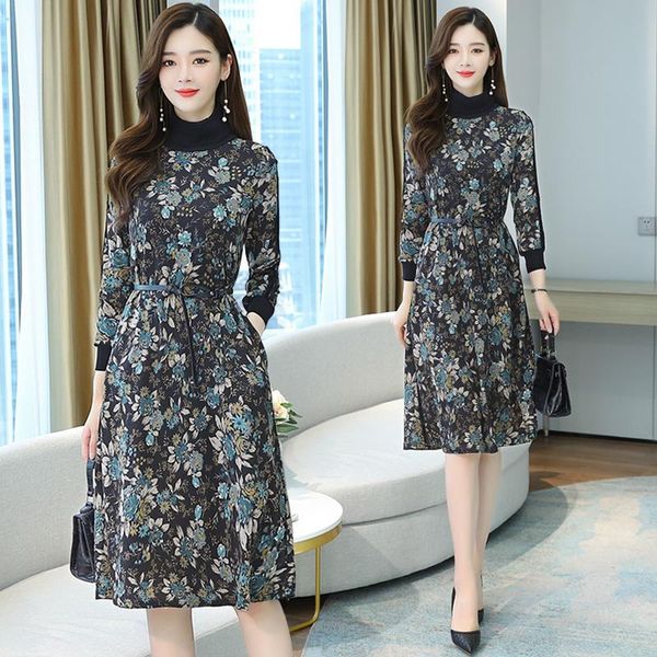 autumn winter women dress long sleeves flower turtleneck sweater knit casual retro loose midi ladies robe dresses, Black;gray
autumn winter women dress long sleeves flower turtleneck sweater knit casual retro loose midi ladies robe dresses, Black;gray