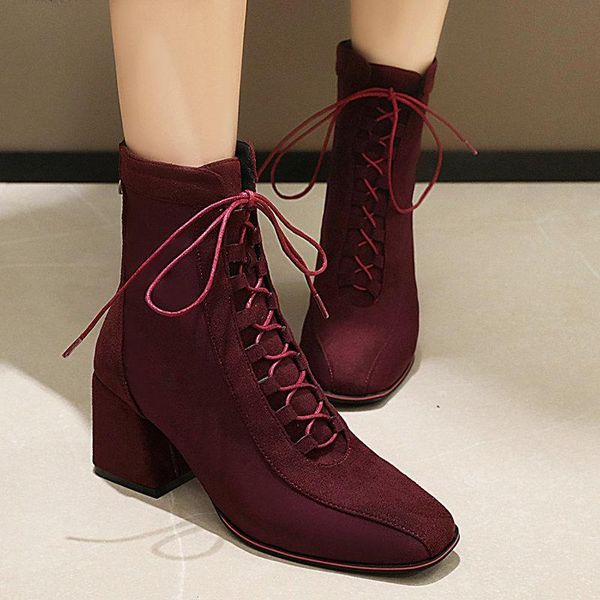 boots splicing elastic nude ladies square high-heeled ankle fashion cross tied suede zipper women's shoes, Black
boots splicing elastic nude ladies square high-heeled ankle fashion cross tied suede zipper women's shoes, Black