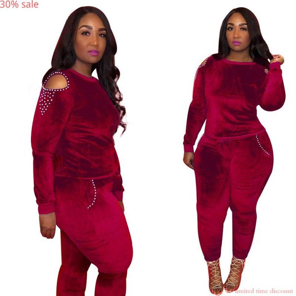 two piece dress red women set 2 pieces pearls hollow out shoulder long pants sets woman velvet suit pockets autumn tracksuits, White
two piece dress red women set 2 pieces pearls hollow out shoulder long pants sets woman velvet suit pockets autumn tracksuits, White