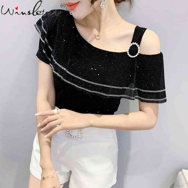 women's t-shirt summer european clothes chic off shoulder ruffles shiny diamonds women short sleeve all match tees t1520, White
women's t-shirt summer european clothes chic off shoulder ruffles shiny diamonds women short sleeve all match tees t1520, White