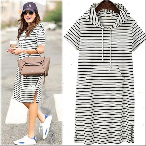 european and womens dress american style large size striped knit hooded short sleeve long section split, Black;gray
european and womens dress american style large size striped knit hooded short sleeve long section split, Black;gray