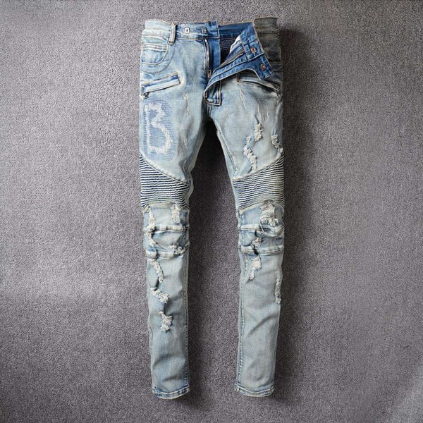 979 new light color worn beggars' worn-out leggings slim fit elastic tide brand stereo cut motorcycle jeans, Blue
979 new light color worn beggars' worn-out leggings slim fit elastic tide brand stereo cut motorcycle jeans, Blue