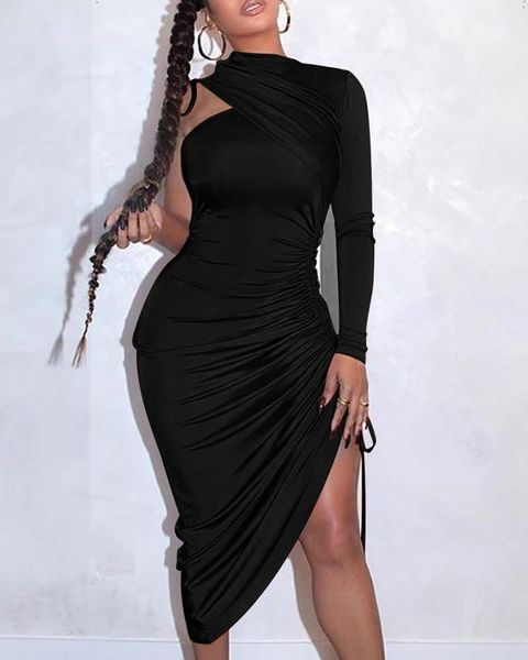 

Casual Dresses Sexy One Shoulder Drawstring Ruched Bodycon Dress Women Solid Long Sleeve Mid-calf Night Club Party, Orange