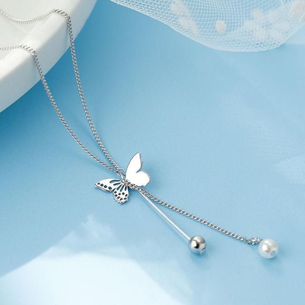 pendant necklaces necklace 2021 butterfly tassel for women pearl clavicle chains jewelry accessories collares kpop, Silver