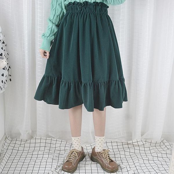 skirts 2021 winter women's corduroy solid warm knee length skirt long casual elastic waist mori girl style 4 colors, Black 
skirts 2021 winter women's corduroy solid warm knee length skirt long casual elastic waist mori girl style 4 colors, Black